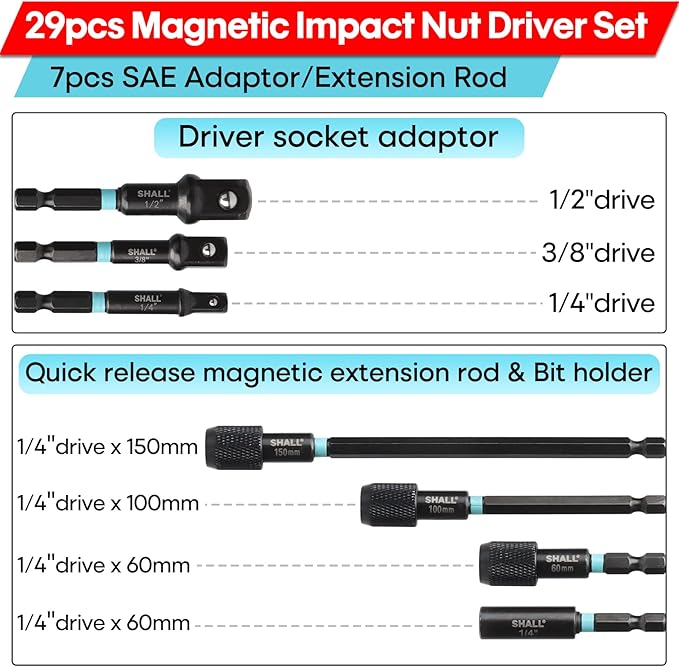 SHALL 29PCS Magnetic Nut Driver Set, Impact Drill Driver Bit 1/4" Hex Shank, SAE & Metric Cr-V Steel Power Nut Drivers with Quick-release Extensions, Impact Socket Adapters, Bit Holder and Storage Bag