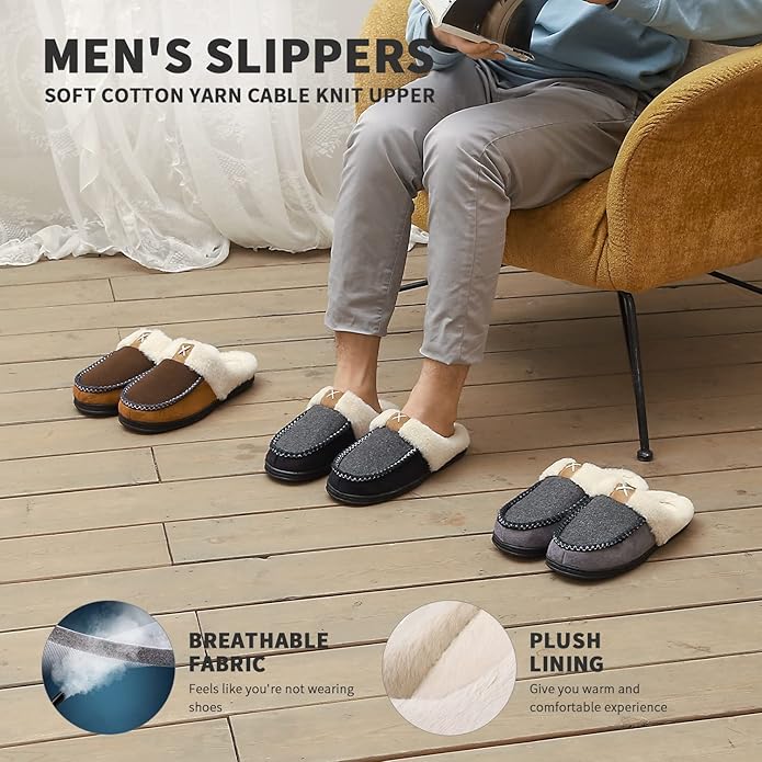 Homitem Mens Slippers Moccasins Memory Foam Fuzzy Slippers for Men Wool-Like Plush Fleece Lined House Shoes Indoor Outdoor Anti-Skid Rubber Sole Home Bedroom
