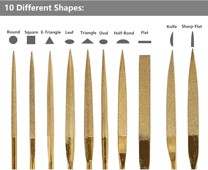 YAKAMOZ 10Pcs Titanium Small Diamond Needle File Set 4x160mm Mini Round Square Flat Shape Riffler Files Precision Hand Tools for Metal Glass Wood Stone Jewelry