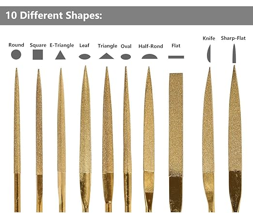 Yakamoz 10 Pcs Titanium Coated Mini Diamond File Set Flat Needle Square Round Triangular Shape Rifler Files for Metal Jewelry Glass Wood Carving Sanding Polishing Tool - 3x140mm