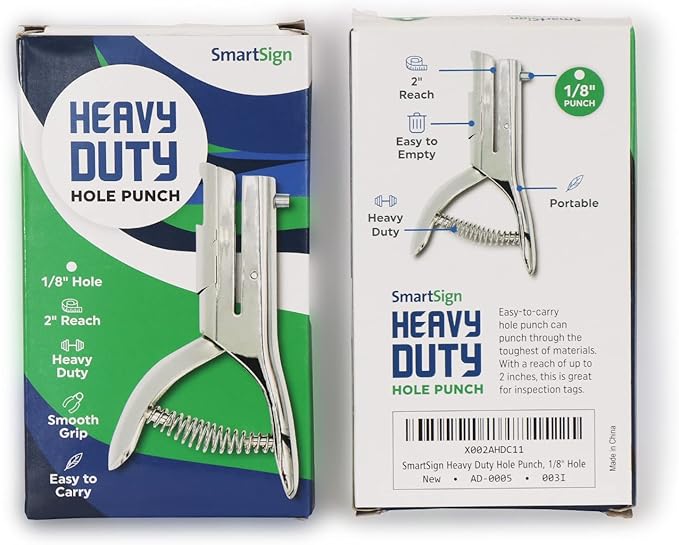 SmartSign Single Hole Heavy Duty Hand Held Hole Punch - 1/8 inch (3 mm) Hole Punch, 2 inch reach, for Id card, PVC Card, Badge, foil, 5" Tall, Silver