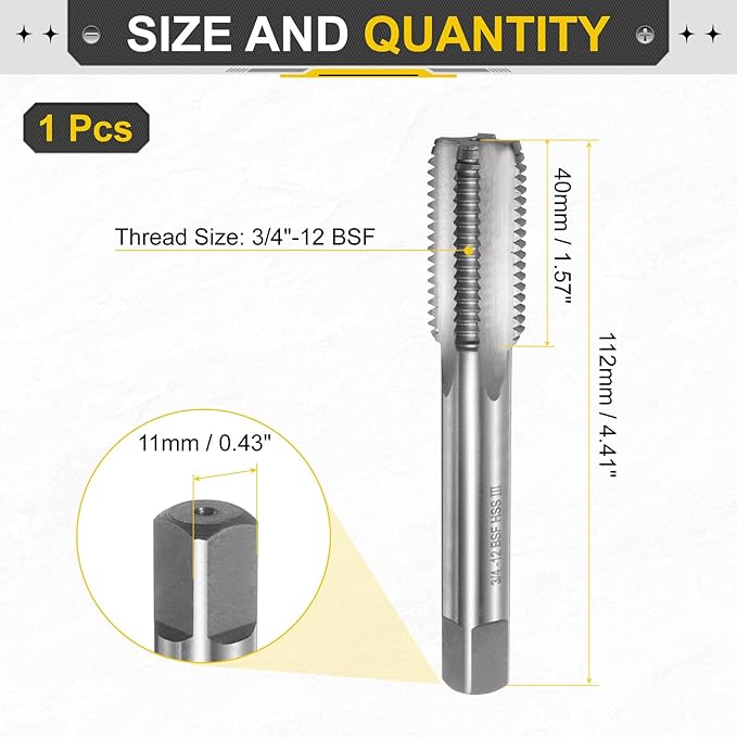 uxcell Hand Bottom Tap 3/4"-12 BSF 2B Thread Bottoming Style Threading Taps High Speed Steel HSS6542 Straight Flutes Screw Tapping Tool