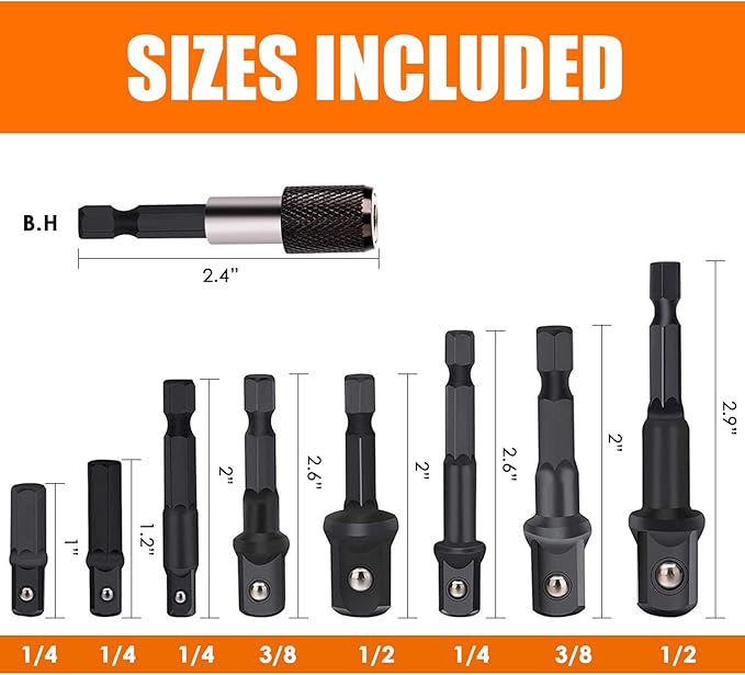 THINKWORK Impact Socket Adapter Set, 1/4" 3/8" 1/2" Drill Socket Adapter Set with 1/4" Hex Shank for Impact Power Driver, Cordless Drill & Screwdriver