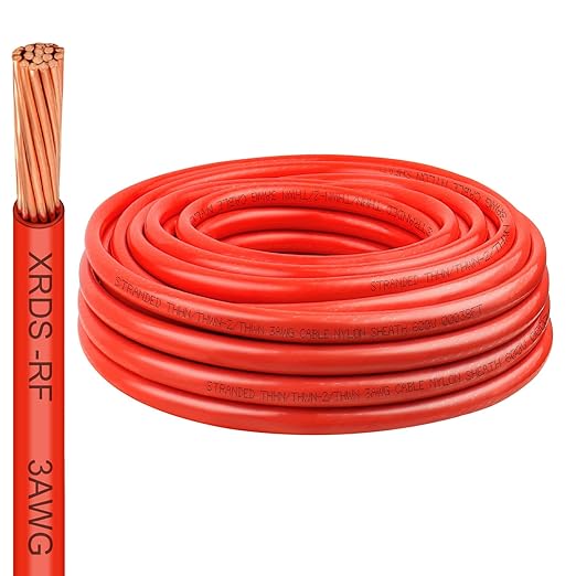 XRDS -RF 3 Gauge THHN Wire, 25FT Red Stranded Copper Electrical Wire, 600V, Heat & Oil Resistant, Nylon Sheath Building Wire for Indoor/Outdoor Use
