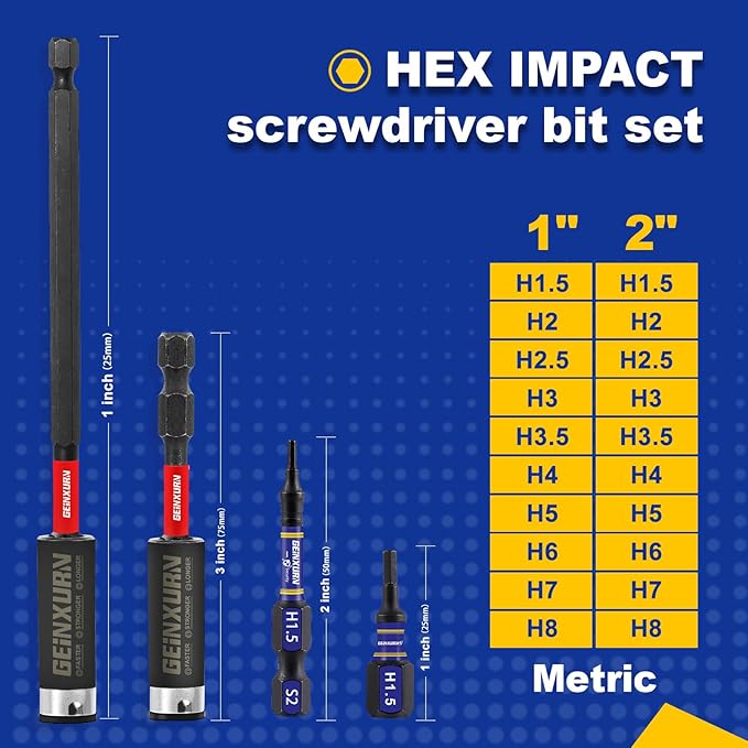 22 Pieces 1 In./2In Multi Hex Head Impact Tough Magnetic Allen Wrench Drill Bits Set, Metric Power Bits Set, S2 Steel Hex Screwdriver Bit set with 3???쒮xtension Bit Holder