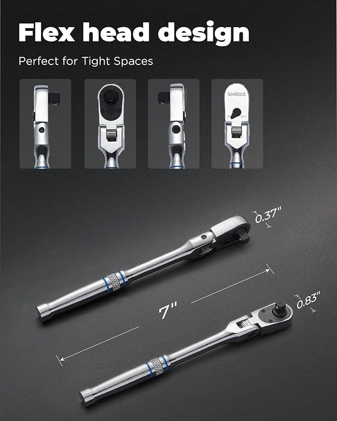 toolant 1/4??Drive 90 Tooth Compact Flex Head Socket Ratchet Wrench (1/4",7 inch length)