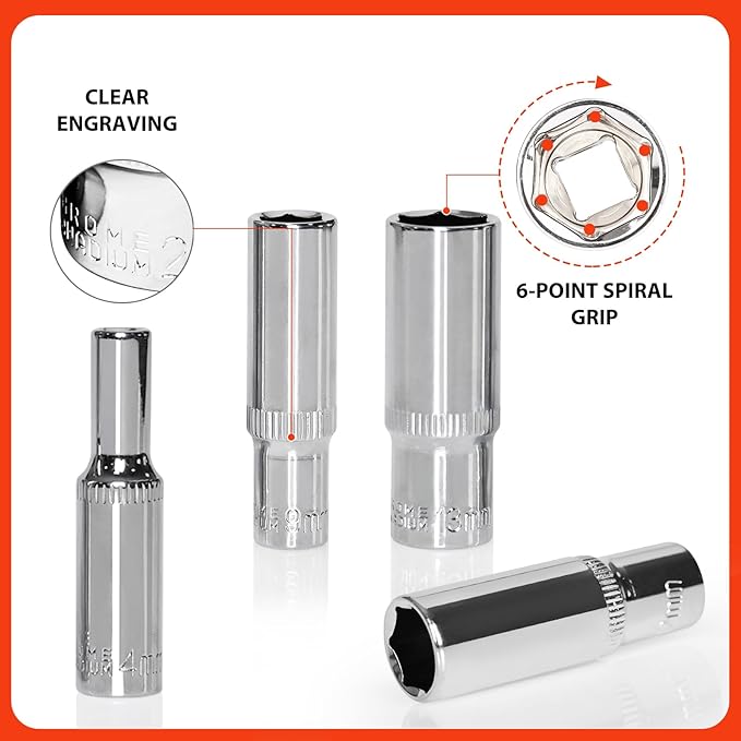 Egofine 10PCS 1/4??Drive Deep Socket Set,Metric Socket Set竊?-13mm,6 Point Socket Set With Hanging Bracket,Cr-V Steel