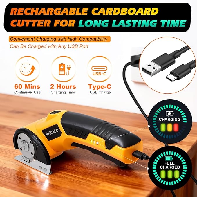 Rechargeable Electric Scissors, 4.2V Cardboard Cutter Electric with LED Light & Safety Lock, 3000mAh Battery & 2 SK5 Rotary Blades, Electric Box Cutter for Cardboard, Fabric, Leather, Plastic