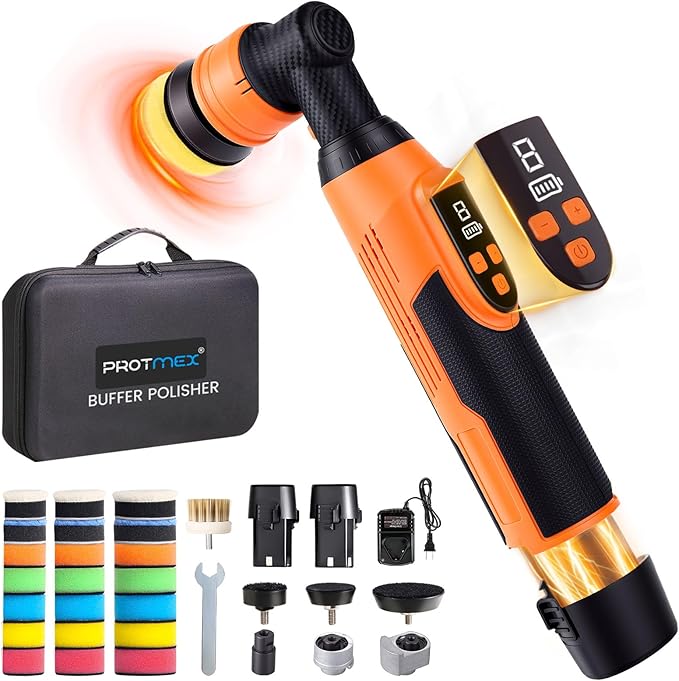 Protmex Mini Buffer Polisher - 12V RO/DA Car Polisher with 8 Variable Speeds - 1.2/1.6/2 Inch Orbital Polisher Machine with 22 Pads - Cordless Mini Polisher for Car Detailing Polishing Waxing, Short