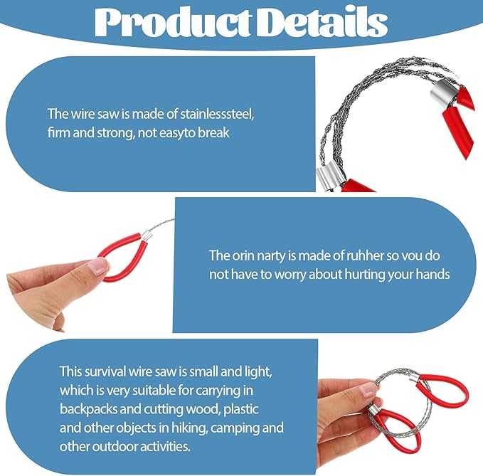 Stainless Steel Cable Saw, 2 PCS Mini Camping Saws Hand Pocket String Emergency Survival Rope Cutting Tools PVC Cable Saws or Wood Camping Hiking Hunting, Red, Black, 27.56 Inch