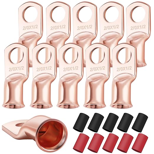 XHF 10PCS 2/0 AWG-1/2 Heavy Duty Battery Lugs with 3:1 Heat Shrink Tubing, Ring Terminals Battery Cable Ends Copper Eyelets Electrical Battery Connectors