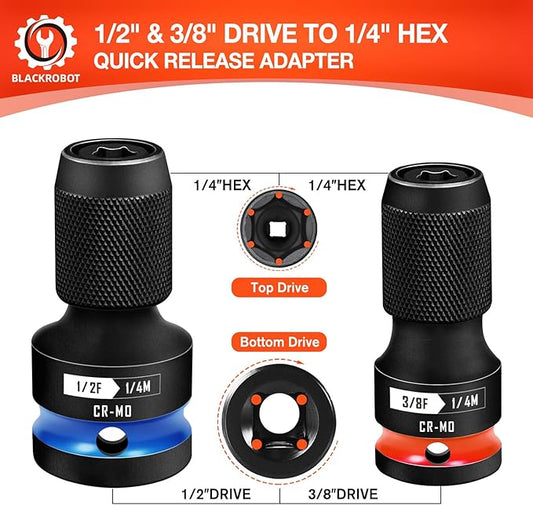 BLACKROBOT 2PCS Quick Release Impact Bit Holders 1/2-Inch & 3/8-Inch Square Drive to 1/4-Inch Hex Socket Adapter, CR-MO Steel