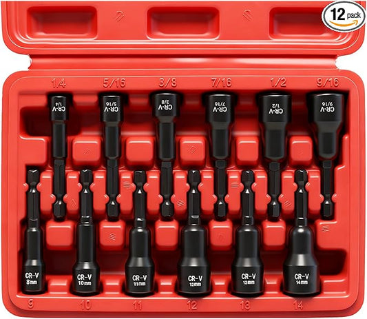 12-Piece Magnetic Nut Driver Set,Impact Power Hex Nut Driver Drill Bit Master Kit, SAE(1/4"-9/16") & Metric(8mm-14mm) Size, 1/4??Quick Install & Release, Cr-V Steel