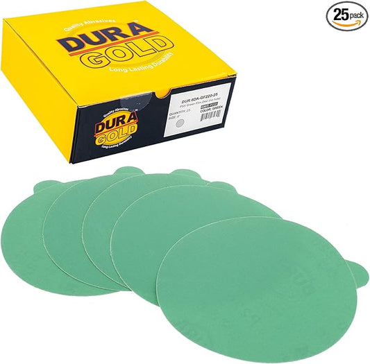 Dura-Gold Premium 6" Green Film PSA Sanding Discs - 220 Grit (Box of 25) - Self Adhesive Stickyback Sandpaper for DA Sanders, Finishing Medium Cut Abrasive - Sand Automotive Paint, Woodworking Wood
