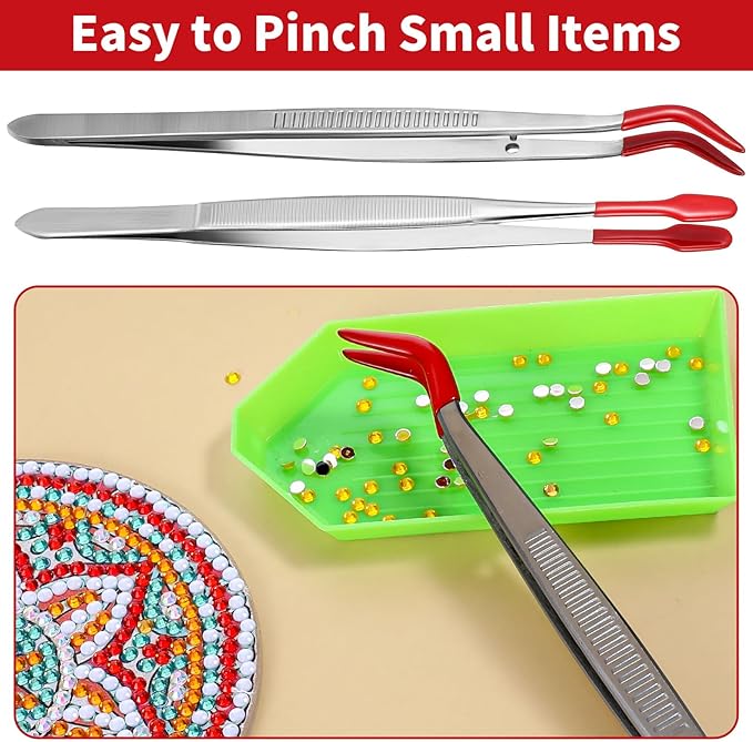 2Pcs Tweezers With Rubber Tips - Silicone Tipped Tweezer Set - Non Marring, Flat Tip, Long Tweezer for Stamp Coins, Jewelry, Crafts, Industrial & Electronic Tools (Red)