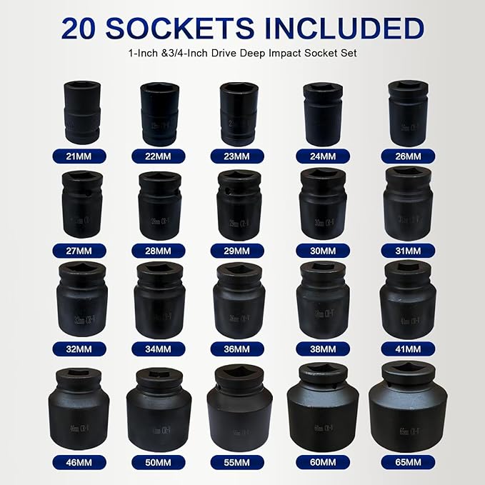 3/4" and 1" Impact Socket Set, 6 Point Metric Drive Socket Sets 21-50 mm and 55-65 mm, 26PCS Cr-V Heavy Duty Socket Set with Adapter, Ratchet Wrench, Extension Bar and Dedicated Case