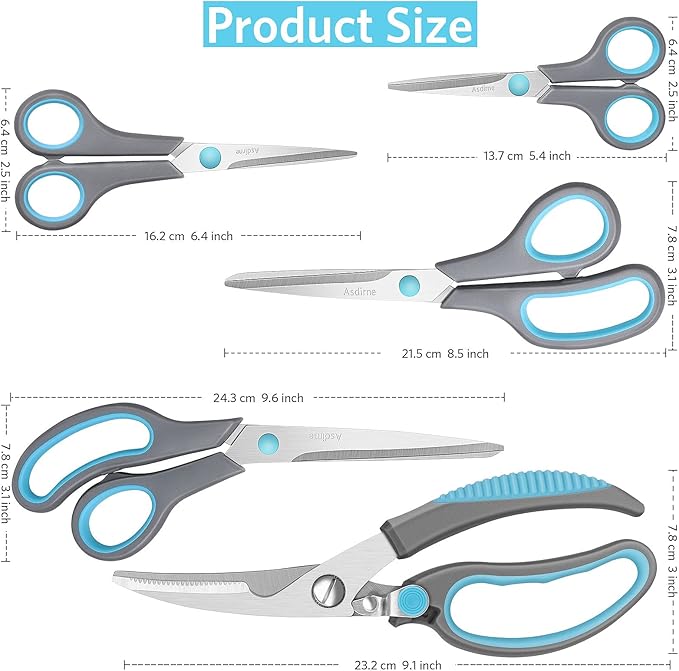 Premium Kitchen Scissors Set, Kitchen Shears, Food-Grade Stainless Steel Blades, Ergonomic Rubber Handle, Include 1 Poultry Shears and 4 All Purpose Scissors, 9.1??9.6"/8.5"/6.4"/5.4"