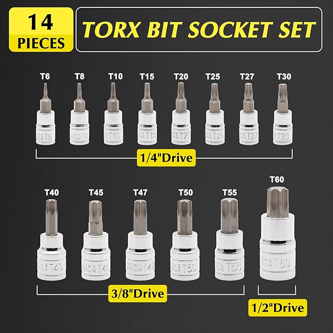 EMENTOL 14PCS Torx Bit Socket Set, CR-V, S2 Steel, 1/4", 3/8" and 1/2" Drive Star Bit Socket Set, T6 - T60