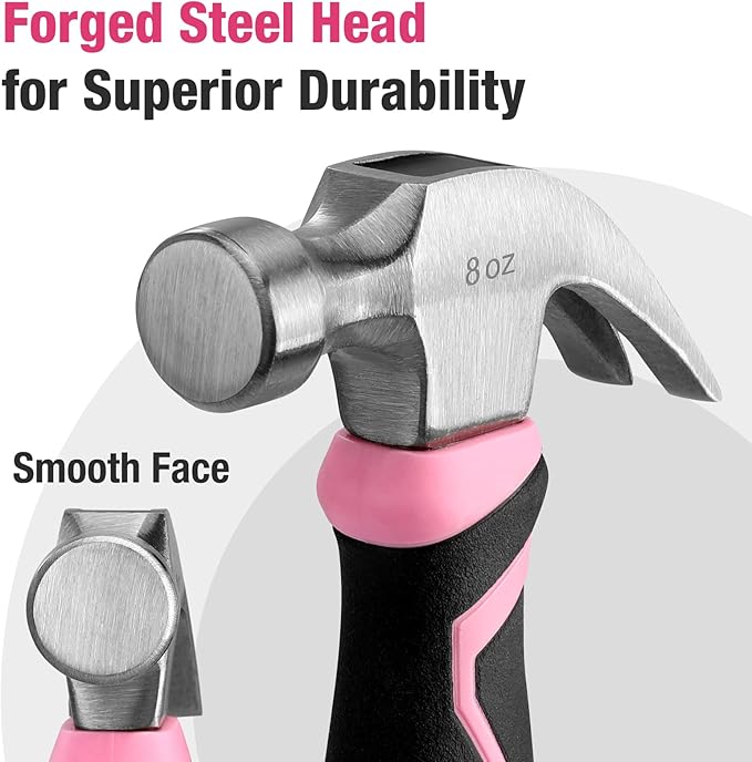 WORKPRO 8 oz Claw Hammer with Fiberglass Handle, All Purpose Hammer with Forged Hardened Steel Head, Pink Ribbon