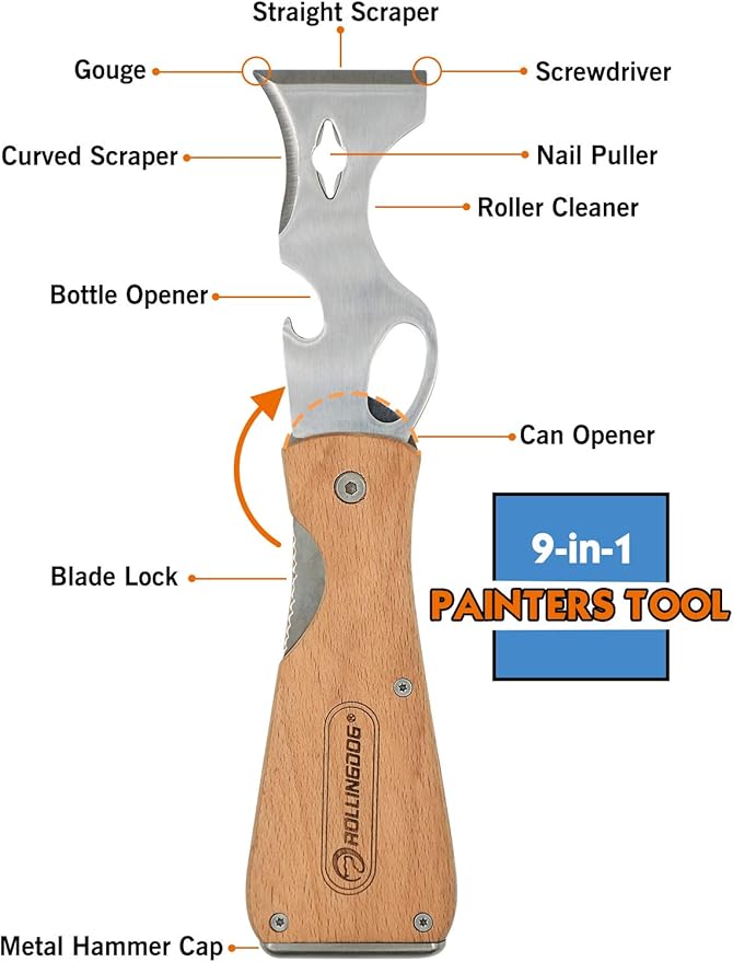 ROLLINGDOG Paint Scraper-Folding Painters Tool 9-in-1 Beech Wooden Handle Includes Paint Roller Cleaner, Nail Puller, Putty Knife Scraper, Hammer End