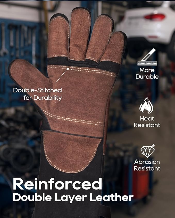 TOPDC Welding Gloves 16Inch 1000?덳eat/Fire Resistant Reinforced Leather Fireproof Gloves with Kevlar Stitching for Mig, Tig, Stick, Forge, BBQ, Grill, Oven, Fireplace, Furnace, Animal Handling, LARGE