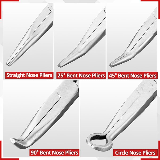 5Pcs Bent Nose Pliers 11 Inch Extra Long Needle Nose Pliers Set, Straight, 25째/45째/90째 Bent, Circle Nose for Narrow Spaces, Hard to Reach Areas & Precision Work