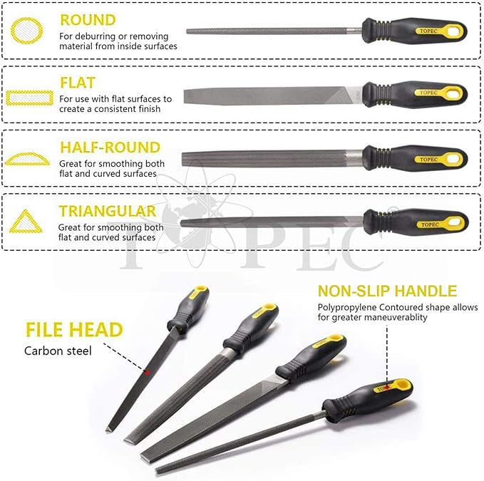 Topec 26 PCS Metal File Set, Grade T12 Forged Alloy Steel, Flat/Triangle/Half-round/Round File Set for Metal Work, Ideal Wood Rasps for Woodworking