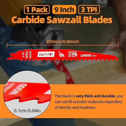 1 Pack 9 Inch 3 Tpi Carbide Reciprocating Saw Blades for Wood Cutting and Tree Trimming, Pruning Sawzall Blades with Carbide Tipped Teeth for Longer Life and Faster Cutting Speed
