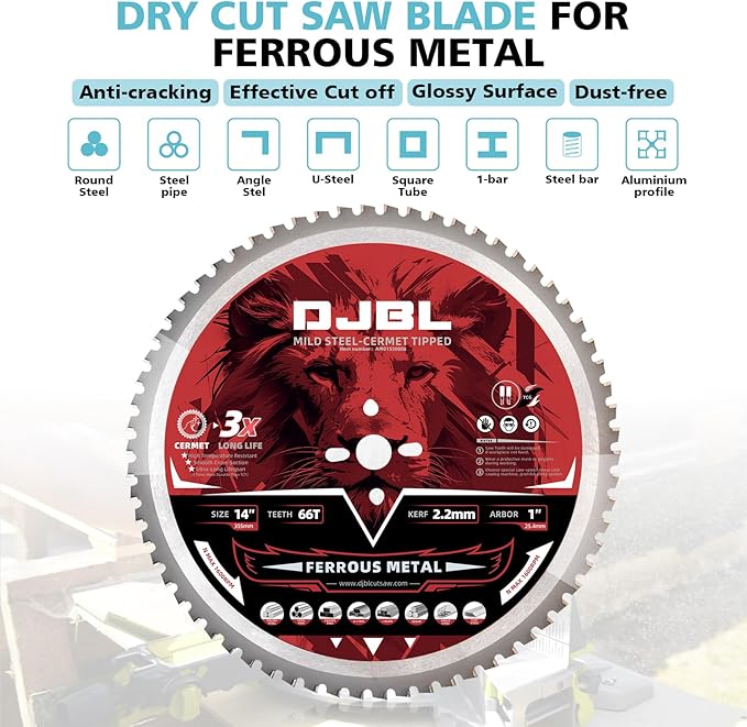 DJBL 14" Brushless Cold Cut Saw - 3500w, Changeable Speeds, 66 Teeth Ferrous Metal Blade, 45 Degree Adjustable