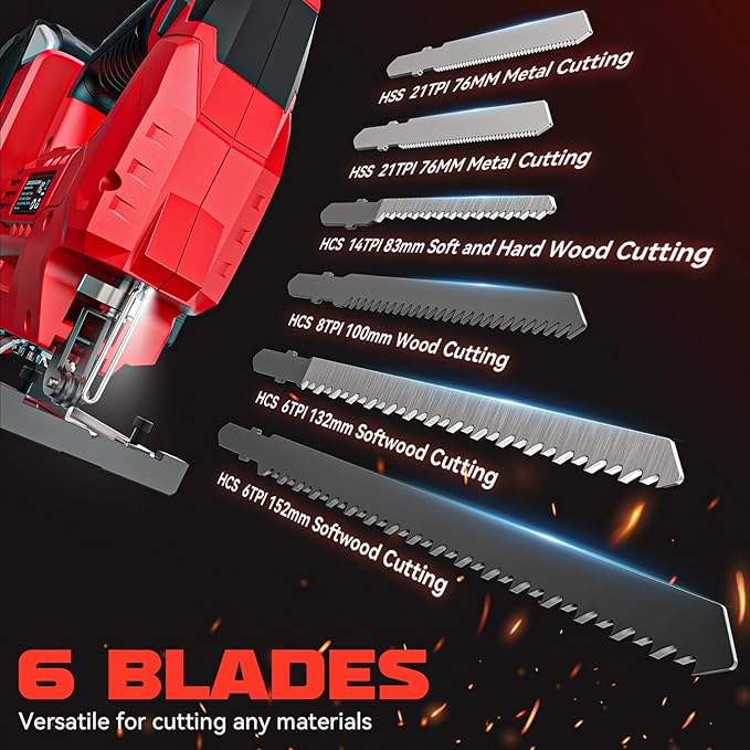 Ecarke Cordless Jig Saw Compatible With Milwaukee 18V Battery (Only Tool), 4 Orbital Sets, 6 Variable Speeds Control, Dust-Blowing, ±45° Bevel Cuts, LED Light and 6PCS Blades For Cutting