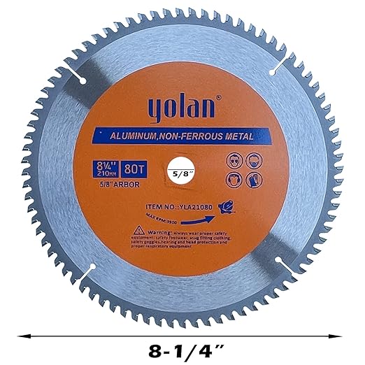 Yolan 8-1/4-Inch 80 Teeth Circular Saw Blade with 5/8-Inch Diamond Knockout Arbor, 8-1/4" Tungsten Carbide Tip for Cutting Aluminum, Non-Ferrous Metal Table Saw Accessories,Polished Miter Saw Blade