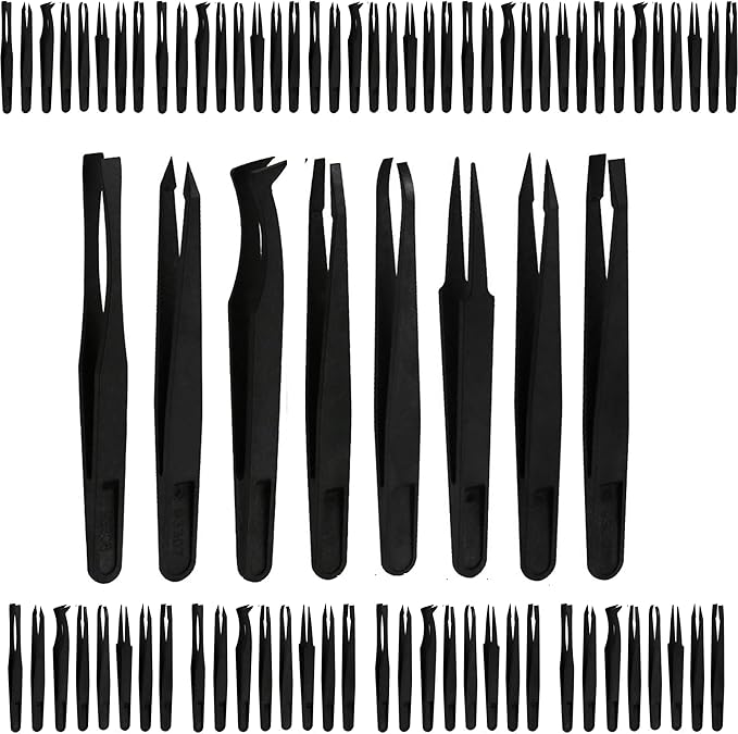 80Pcs（10set） ESD Plastic Tweezers Set Precision Tweezers Set ，Non-magnetic and Anti-Static Carbon fiber Tweezer Kits，for Craft,Electronics Repair,jewelry,Laboratory Work,And Used Etc（Black）