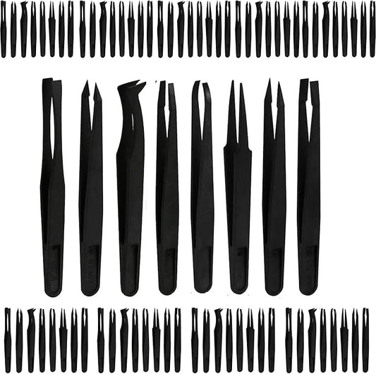 80Pcs（10set） ESD Plastic Tweezers Set Precision Tweezers Set ，Non-magnetic and Anti-Static Carbon fiber Tweezer Kits，for Craft,Electronics Repair,jewelry,Laboratory Work,And Used Etc（Black）