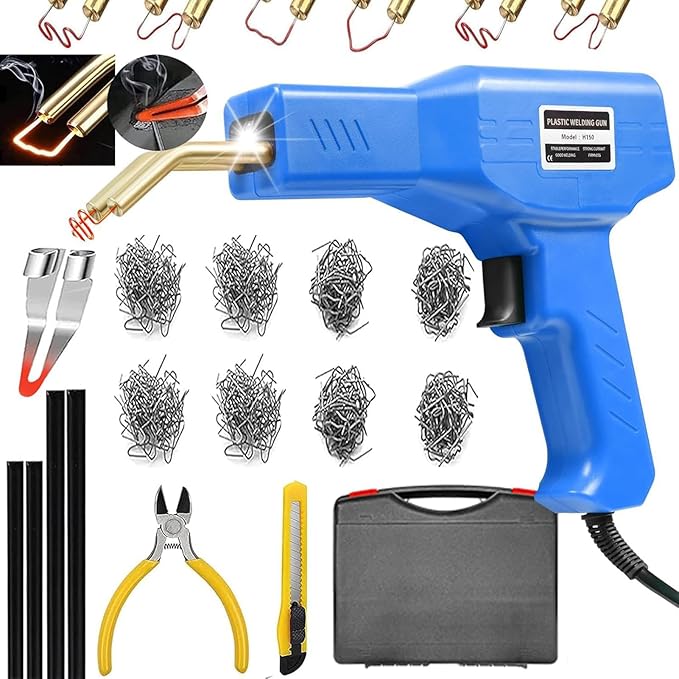 Plastic Welder,2 in 1 Plastic Welding Repair Kit with 1000pcs Hot Staples,4pcs Plastics Welding Rods,knife,Plier, Hot Staples Weld Gun Repair Kit for Car Bumper And Most Plastics(blue)