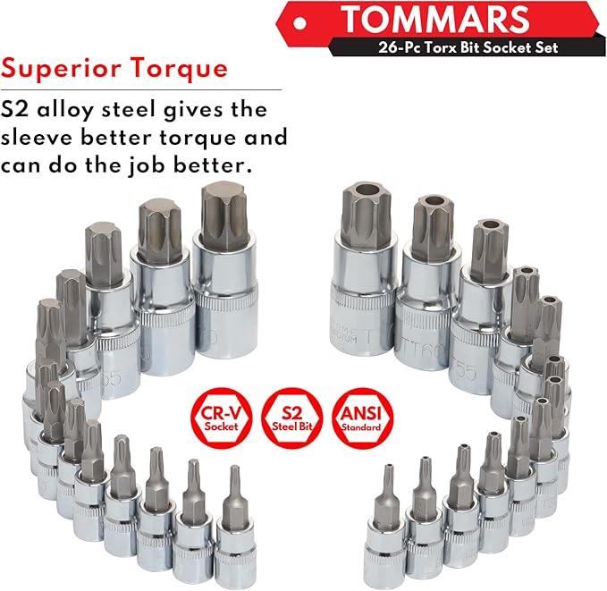 TOMMARS 26-PC Torx Socket Set, Torx Star Tamper Proof Security Bit Socket Set 1/4", 3/8", 1/2" Drive T Sockets T10-T70 & TT10-TT70, S2 Alloy Steel