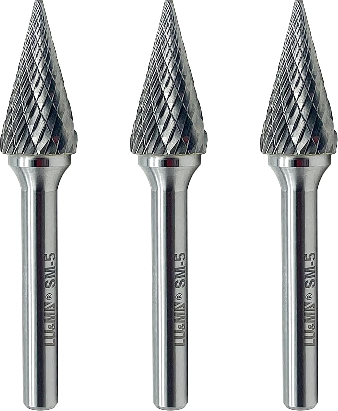 LU&MN SM-5 Tungsten Carbide Burr Rotary File, 3PCS, 25째 Pointed Cone, Double Cut, 1/4'' Shank, 1/2'' Cutter Dia, 1'' Length, for Die Grinder Drill