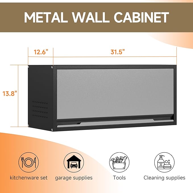 Coolsun Metal Wall Cabinet, Garage Wall Cabinet with Up-Flip Door, 31.5" W Wall Mounted Metal Storage Cabinet for Kitchen,Garage,Basement,Ware House Assembly Required (Black Gray)