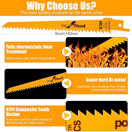 Lothee 25 Pack 6tpi Reciprocating Saw Blade Bulk Taper-Back Bi-Metal Saw Blades for Metal Woodcutting General Purpose Wood Cutting Pipe (6 Inch)