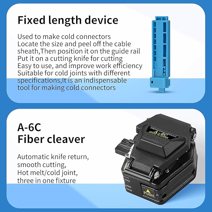 6-in-1 Fiber optic tool kit with high-precision A-6C Optical Fiber Cleaver and Multi functional three port Fiber optic stripping pliers, well as 10pcs SCUPC Fiber optic quick connector