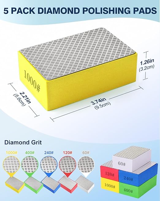 5 Pack Diamond Hand Polishing Pads, Sanding Blocks Polishing, Sanding Pads Assortment, Sandpaper with High-Density Sponge, for Wood Tile Glass Stone Grinding (60#,120#,240#,400#,1000#)