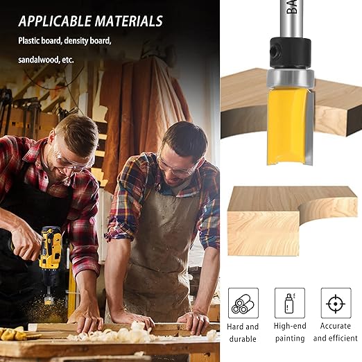 BAYTORY Professional Pattern Flush Trim Router Bit Set with 1/4 inch Shank, 4Pcs 1/2" Cutting Diameter Carbide Bits with Top Bearing Prevent Tear-Out, Template Guide Woodworking Milling Cutter Tool