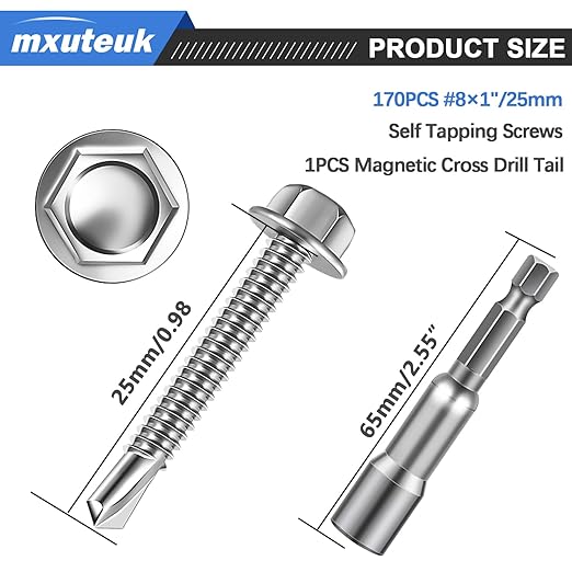 mxuteuk #8횞1" Self Tapping Screws,410 Stainless Steel Self Tapping Screws for Metal,Self Drilling Screws,Hex Washer Head Sheet Metal Screws Suitable for Wood, Metal or Tough Materials(170PCS)