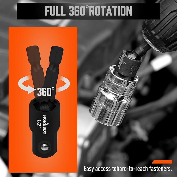 HORUSDY Impact Drill Socket Adapter Set and Universal Joints Socket Set 9-Piece 1/4" 3/8" and 1/2" Driver Socket Adapter, Power Drill