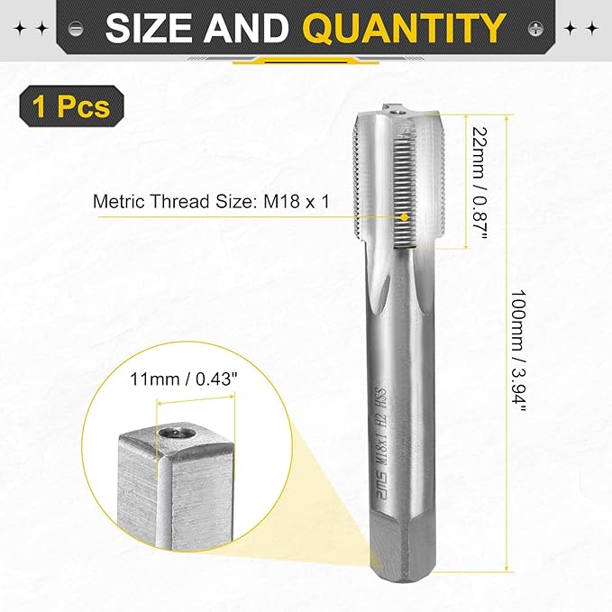 uxcell Hand Plug Tap M18 x 1 H2 Metric Thread Plug Style Taps Straight Flute Screw Tapping Threading Tool High Speed Steel HSS6542