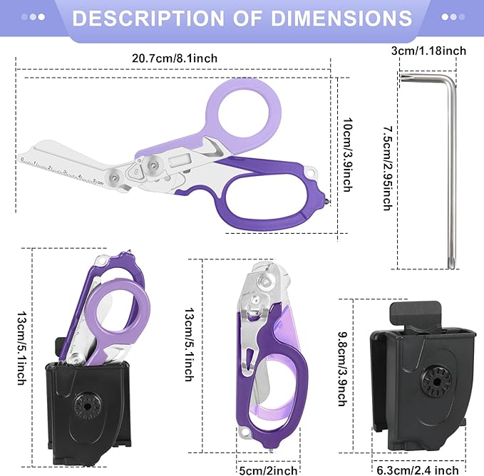 Multi Tool 6 in 1 Emergency Response EMT Shears With Holster竊똕tainless Steel Foldable Trauma Shears with Strap Cutter and Glass Breaker, Outdoor Camping Tools (Purple)