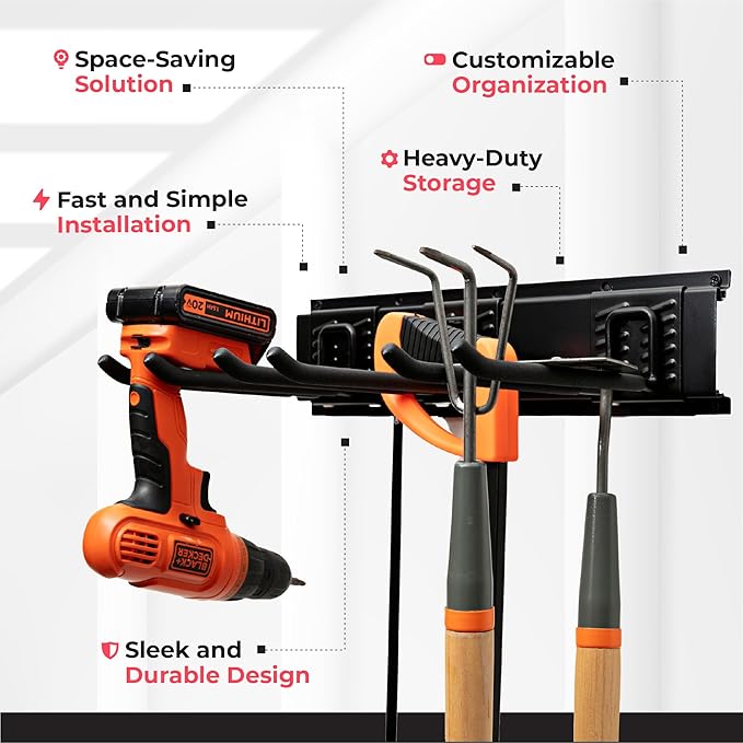 Heavy-Duty Garage Wall Storage System | Wall Mounted Tool Organizer Rack with Shelving | 10-Piece Mounting Kit | Includes 4x8.5??Adjustable Hooks & 2x16.5??Floating Utility Shelves