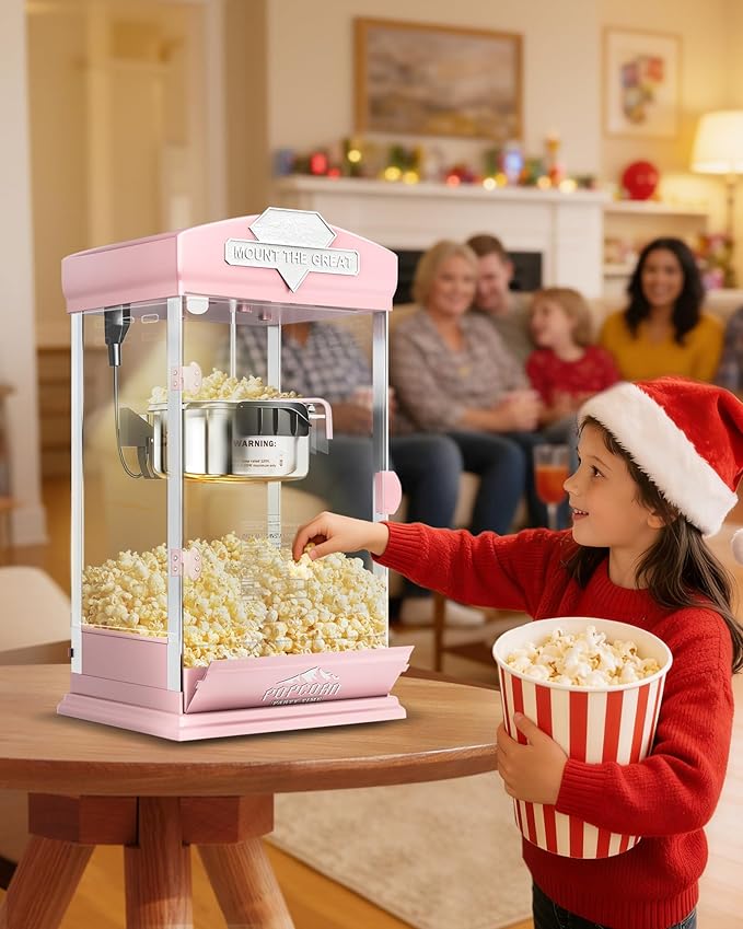 8 Oz Popcorn Machine, Tabletop Popcorn Maker, Countertop Pop Corn Machine Makes Up to 32 Cups, Movie Theater Popcorn Popper Machine with Stainless-Steel Kettle for Home Family, 300 W, Pink