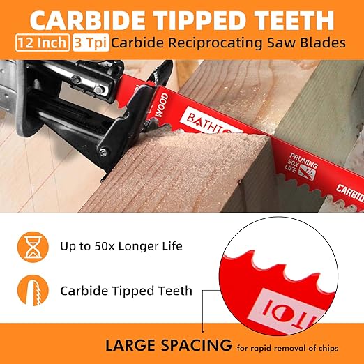 5 Pack 12 Inch 3 Tpi Carbide Reciprocating Saw Blades for Wood Cutting and Tree Trimming, Pruning Sawzall Blades with Carbide Tipped Teeth for Longer Life and Faster Cutting Speed