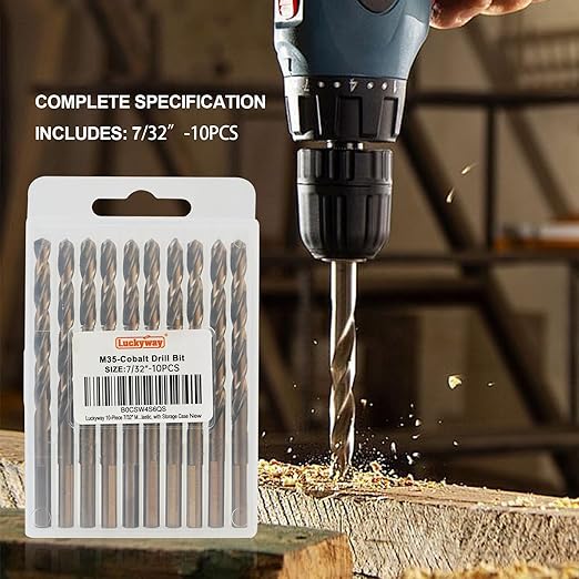 Luckyway 7/32" Cobalt Drill Bit (10 Pcs), Jobber Length Twist Drill Bit Set for Hard Metal, Stainless Steel, Cast Iron, Wood and Plastic, with Storage Case