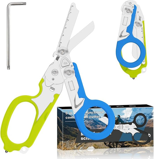 Lemasa6 in 1 Multifunctional Combination Tool, Folding Retractable Emergency Shears, Outdoor Camping Tools, Seat Belt Cutter, Oxygen Cylinder Wrench, Complimentary Adjustable Wrench (blue-green)